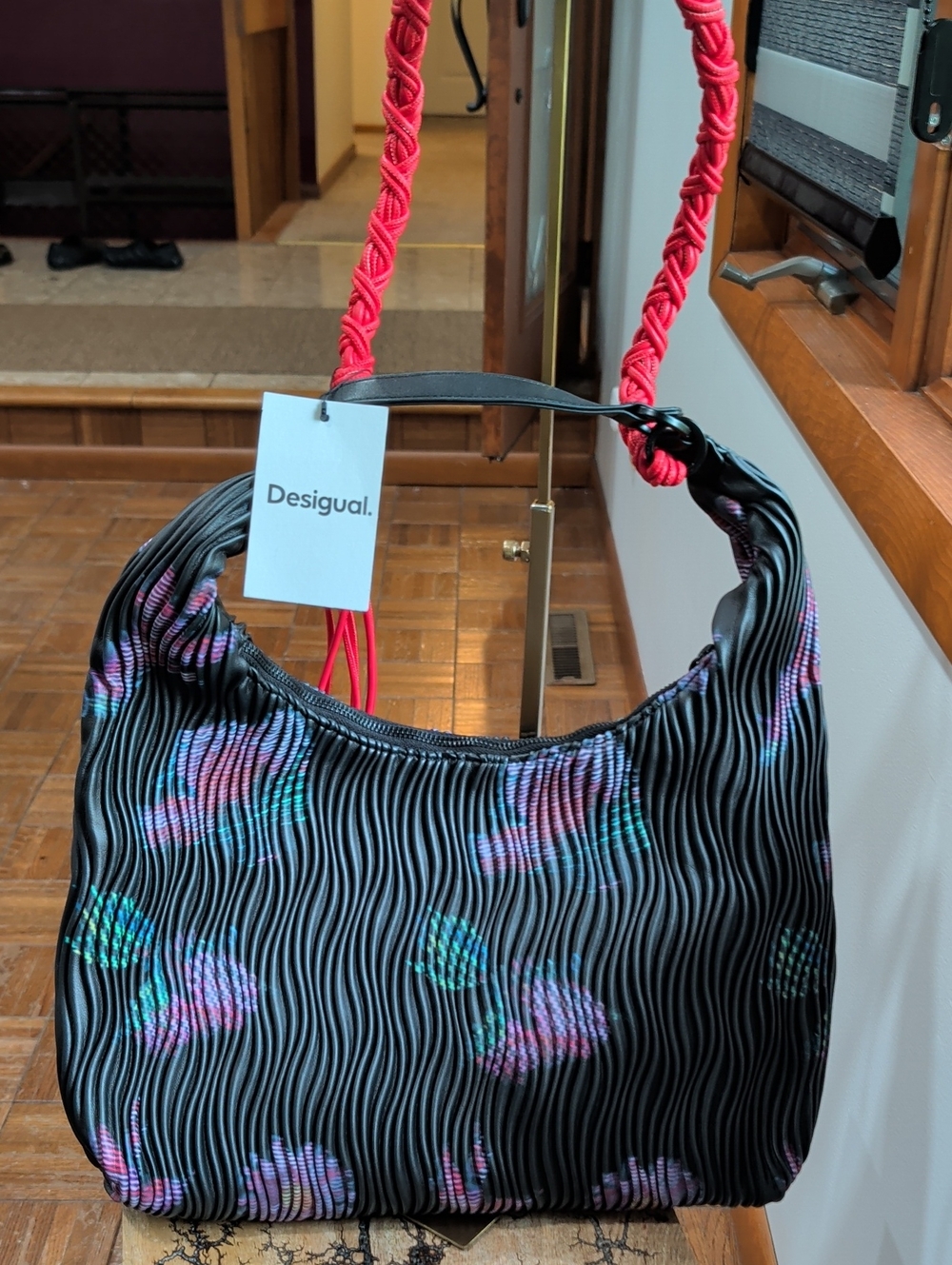 Desigual Black Pleated Shoulder Bag with Pink Accent Strap